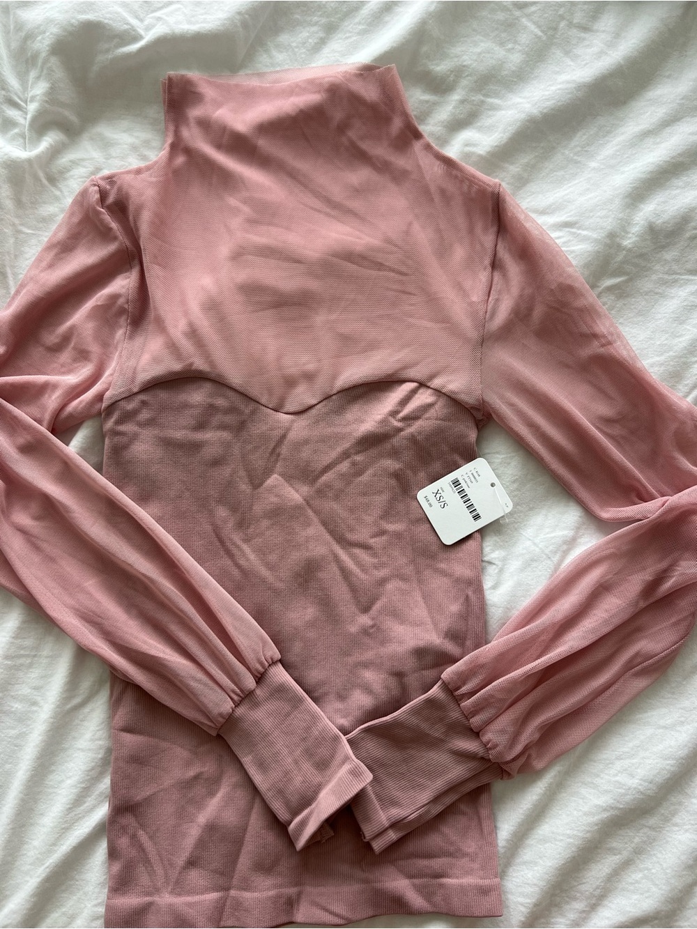 Free People Pink Sheer-Sleeve Mock Neck Top